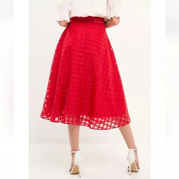 English Factory Red Plaid Organza Fit And Flare Holuday Skirt - Picture 3 of 15